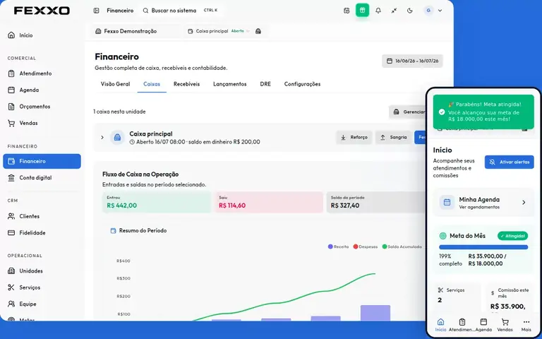 Tela financeira do Fexxo com as vendas do período